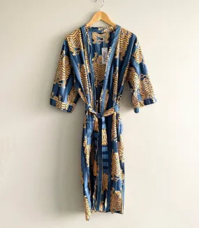 100% Cotton Block Printed Kimono Robe- Blue Tiger