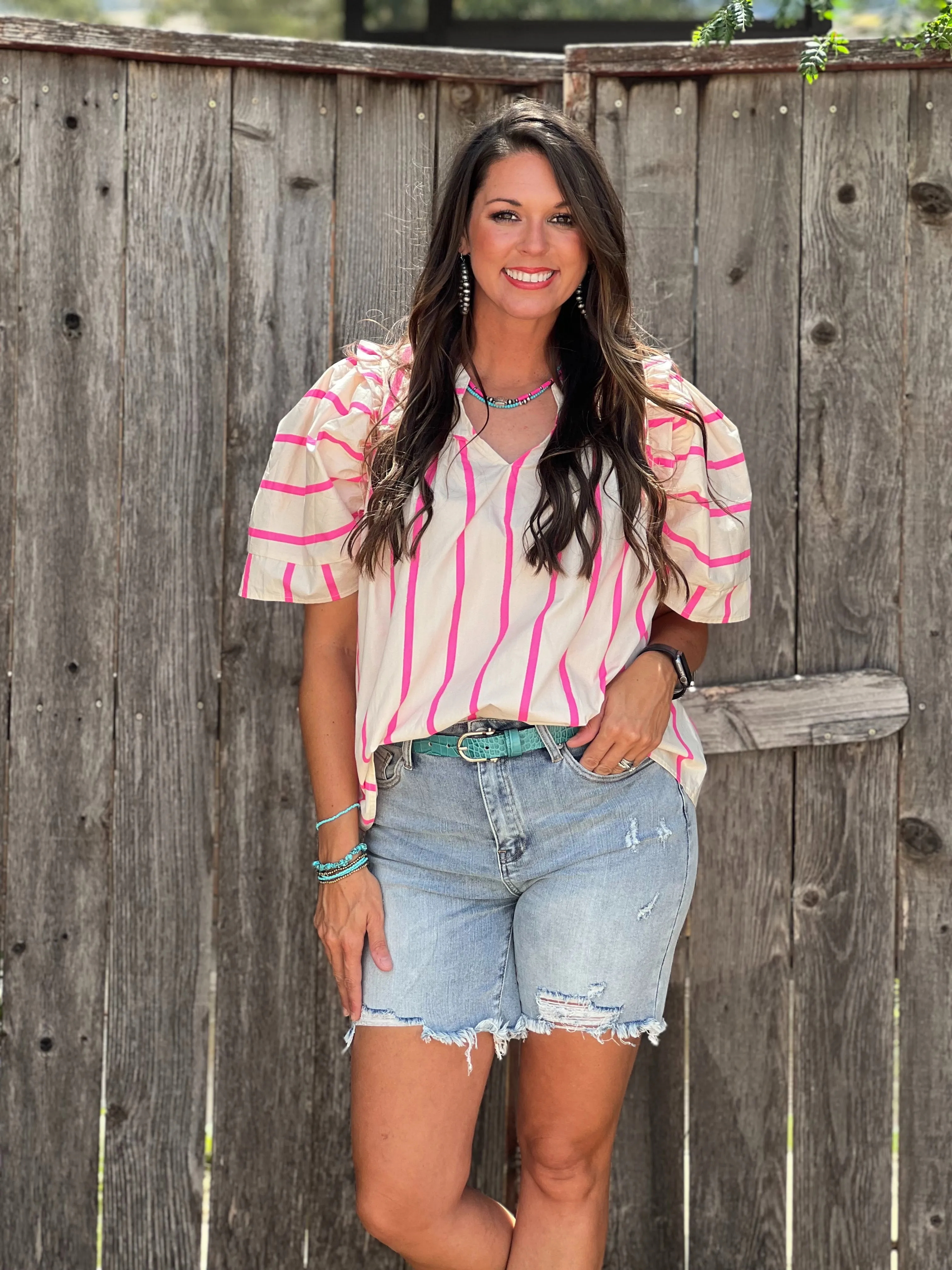 Angie Tan & Pink Stripe Puff Sleeve Blouse