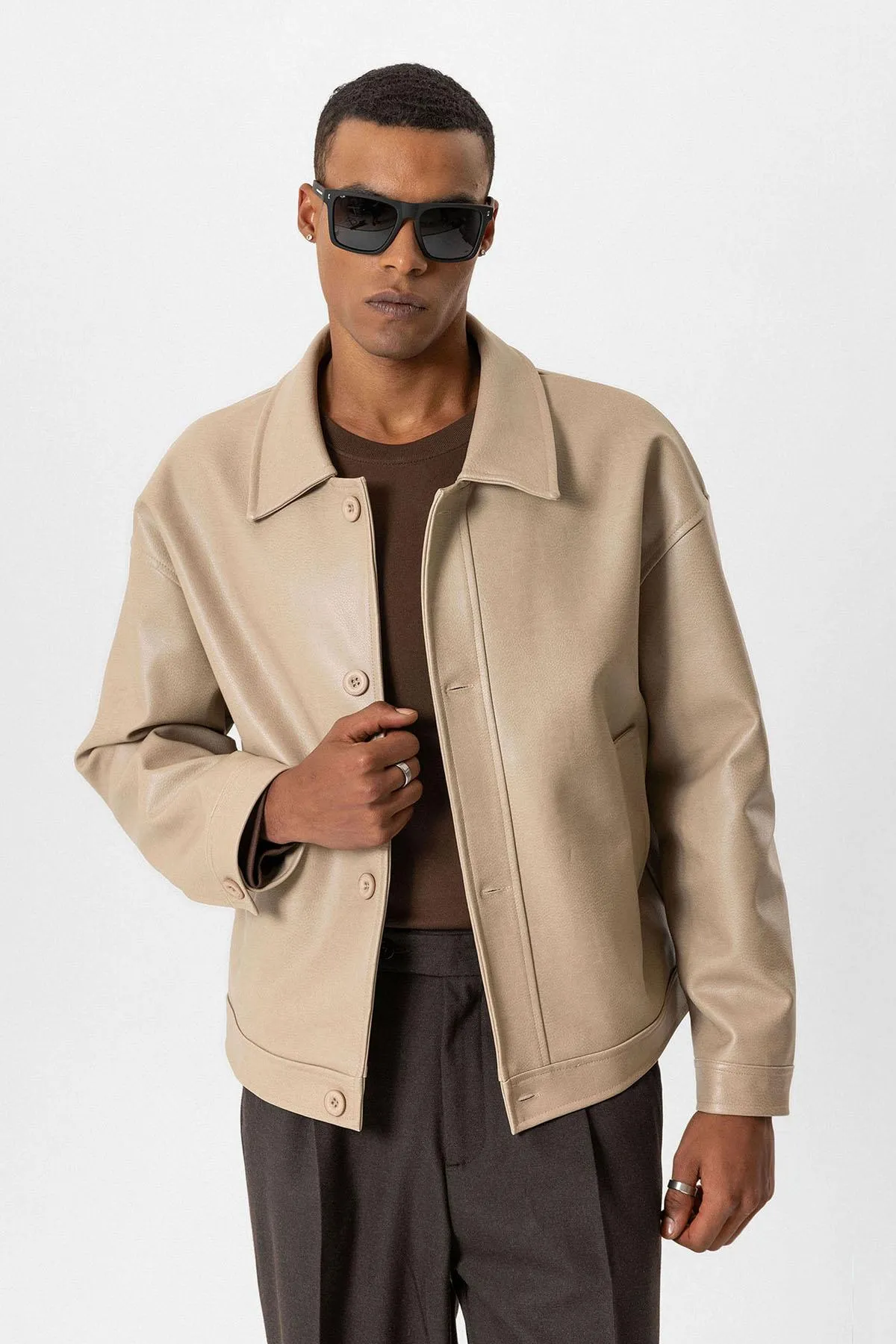 Beige Oversize Faux Leather Men's Jacket - Wessi