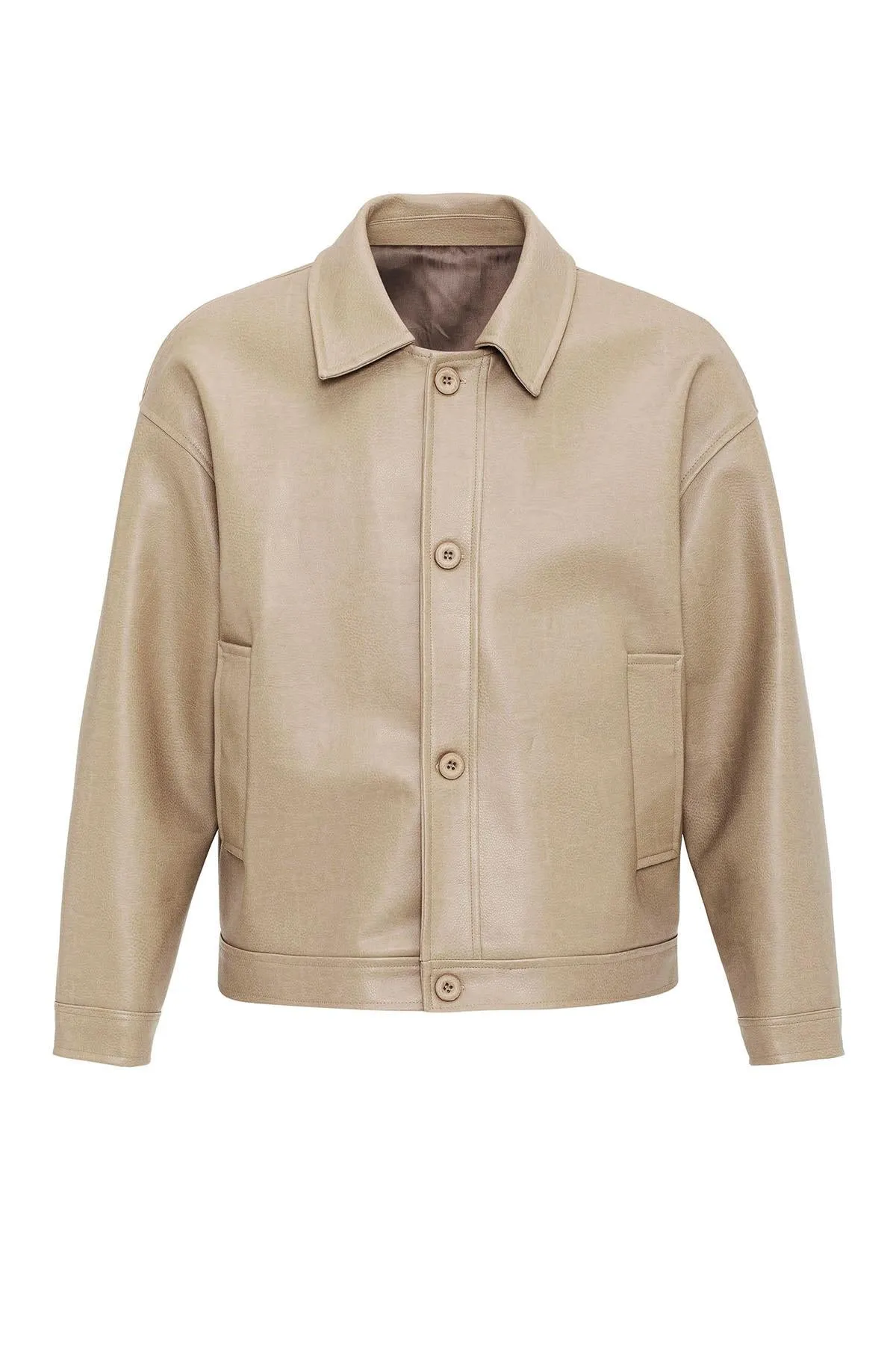 Beige Oversize Faux Leather Men's Jacket - Wessi