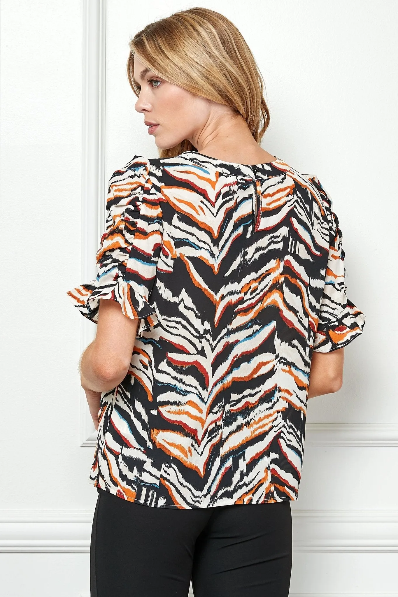 Black & White Tiger Rouche Sleeve Blouse