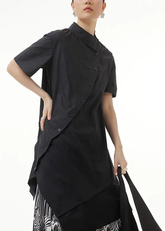 Black Asymmetrical Button Solid Cotton Maxi Shirts Short Sleeve LY1206