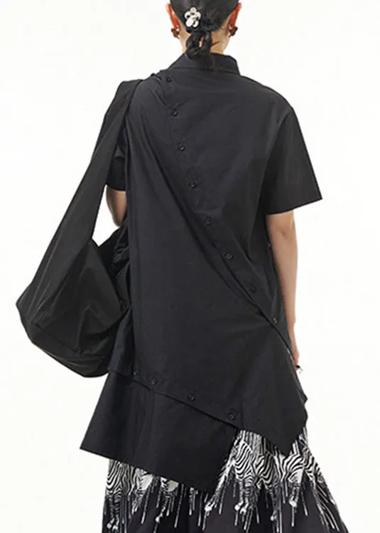 Black Asymmetrical Button Solid Cotton Maxi Shirts Short Sleeve LY1206