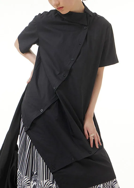 Black Asymmetrical Button Solid Cotton Maxi Shirts Short Sleeve LY1206