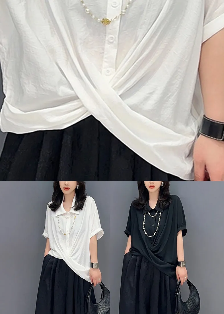 Black Asymmetrical Button Solid Shirts Short Sleeve LY4374