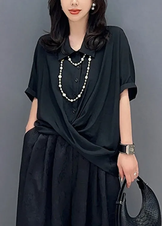 Black Asymmetrical Button Solid Shirts Short Sleeve LY4374