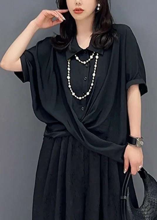 Black Asymmetrical Button Solid Shirts Short Sleeve LY4374