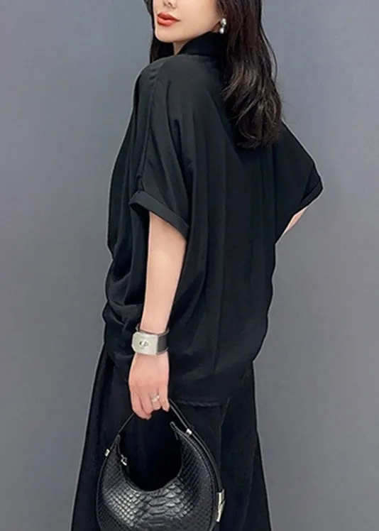 Black Asymmetrical Button Solid Shirts Short Sleeve LY4374