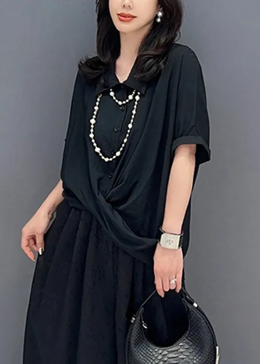 Black Asymmetrical Button Solid Shirts Short Sleeve LY4374