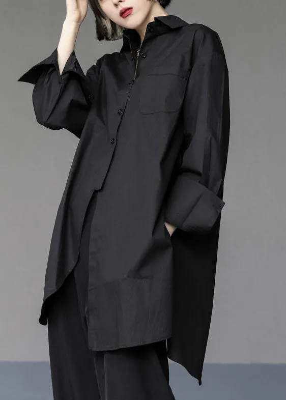 Black Asymmetrical Design Cotton Long Shirts Oversized Spring LY1510