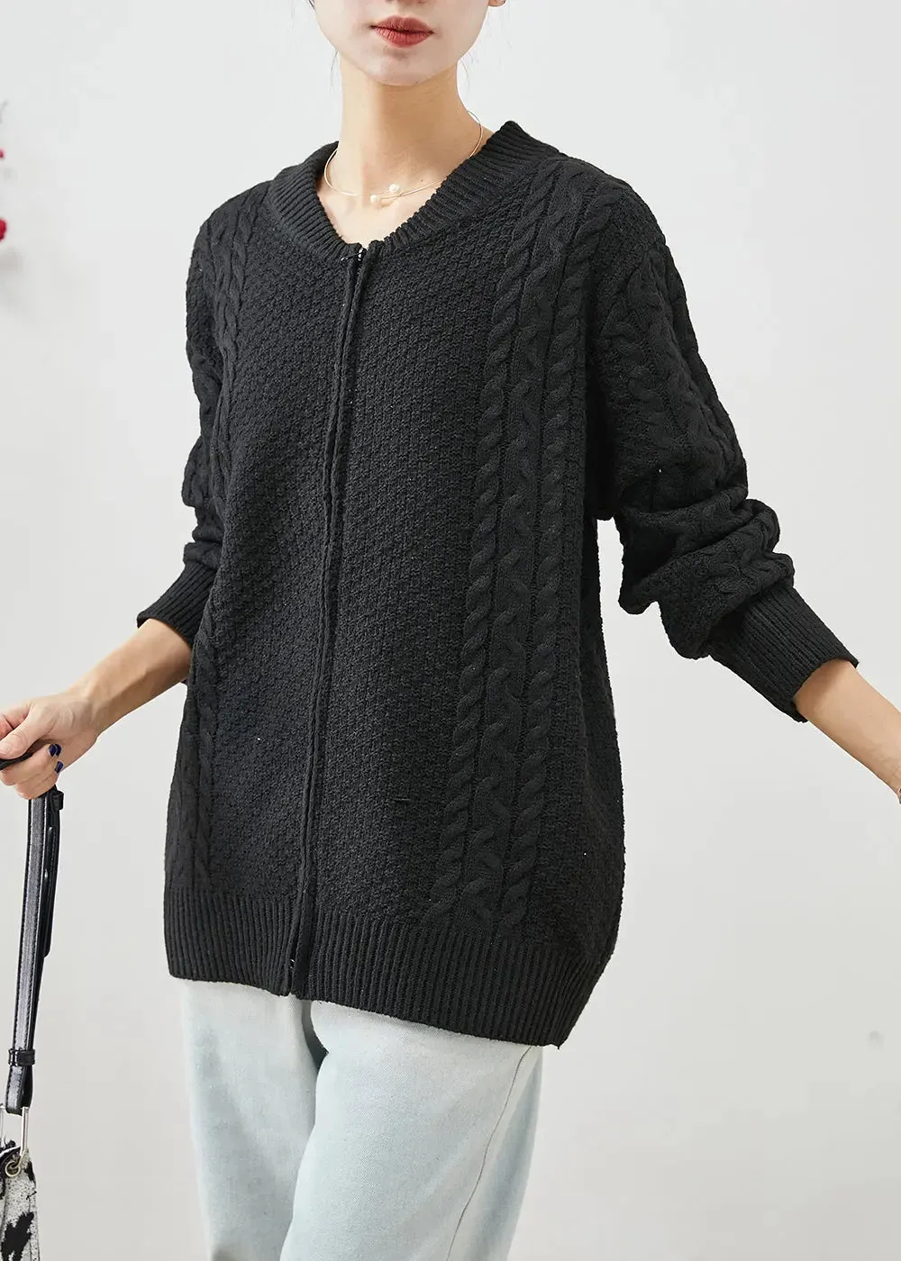 Black Oversized Warm Cable Knit Coats Zip Up Fall ML3249