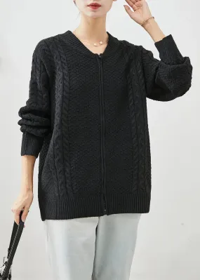 Black Oversized Warm Cable Knit Coats Zip Up Fall ML3249