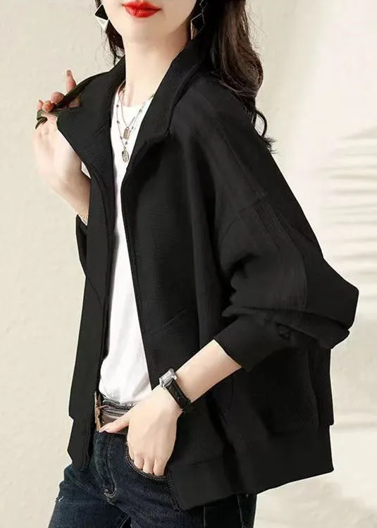 Black Patchwork Cotton Jackets Oversized Zippered Fall