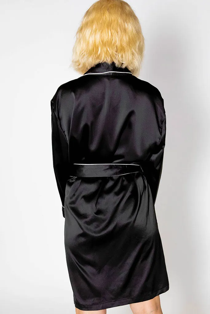 Black Piped with White Trim Satin Kimono Robe