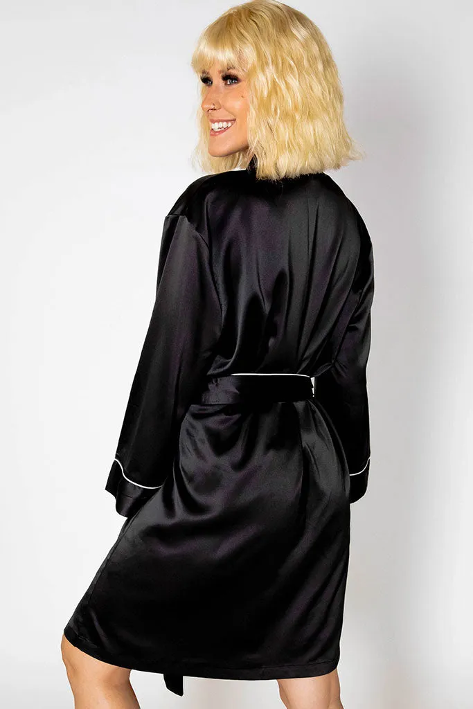 Black Piped with White Trim Satin Kimono Robe