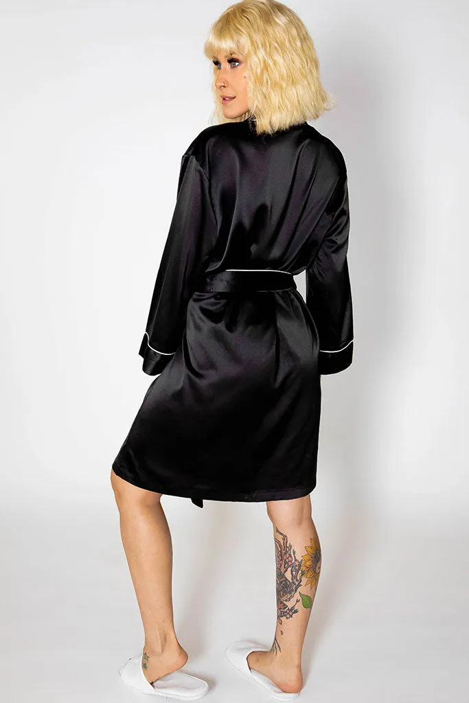 Black Piped with White Trim Satin Kimono Robe