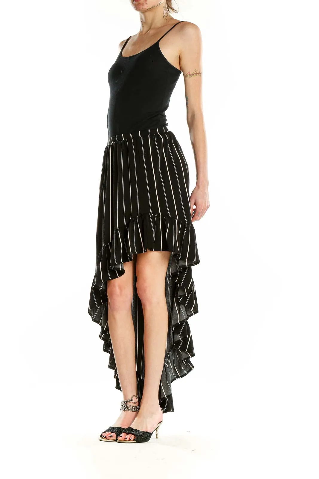 Black Striped High-Low Ruffle Skirt