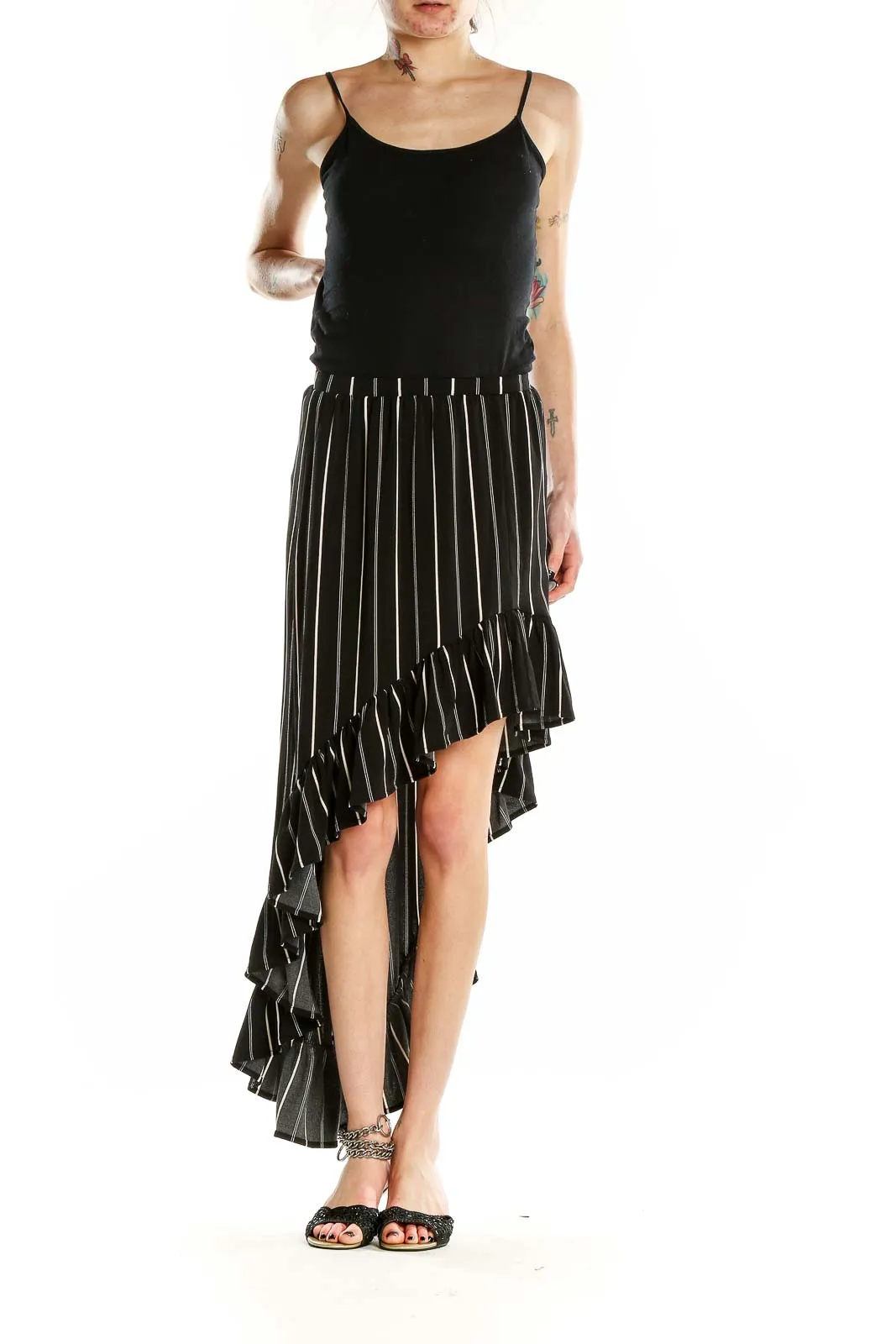 Black Striped High-Low Ruffle Skirt