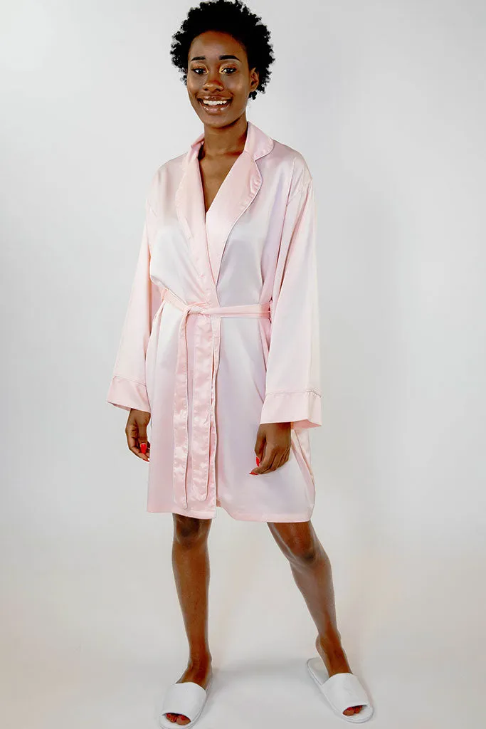 Blush Piped with White Trim Satin Kimono Robe