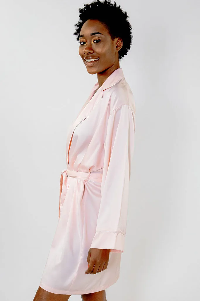 Blush Piped with White Trim Satin Kimono Robe