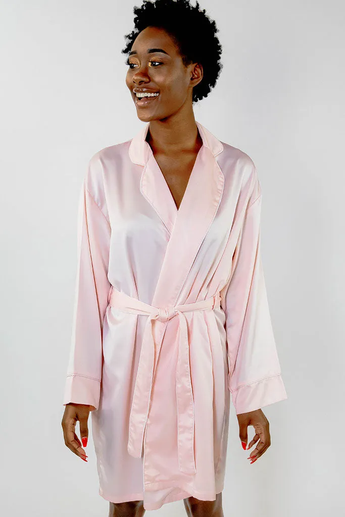 Blush Piped with White Trim Satin Kimono Robe