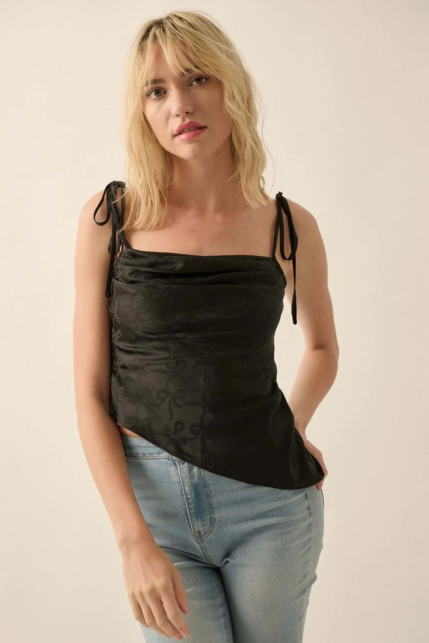 Bow Down Satin Jacquard Asymmetrical Cami Top