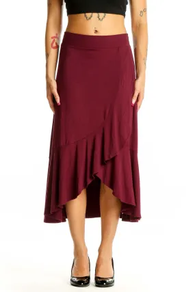 Burgundy Ruffled High-Low Midi Skirt