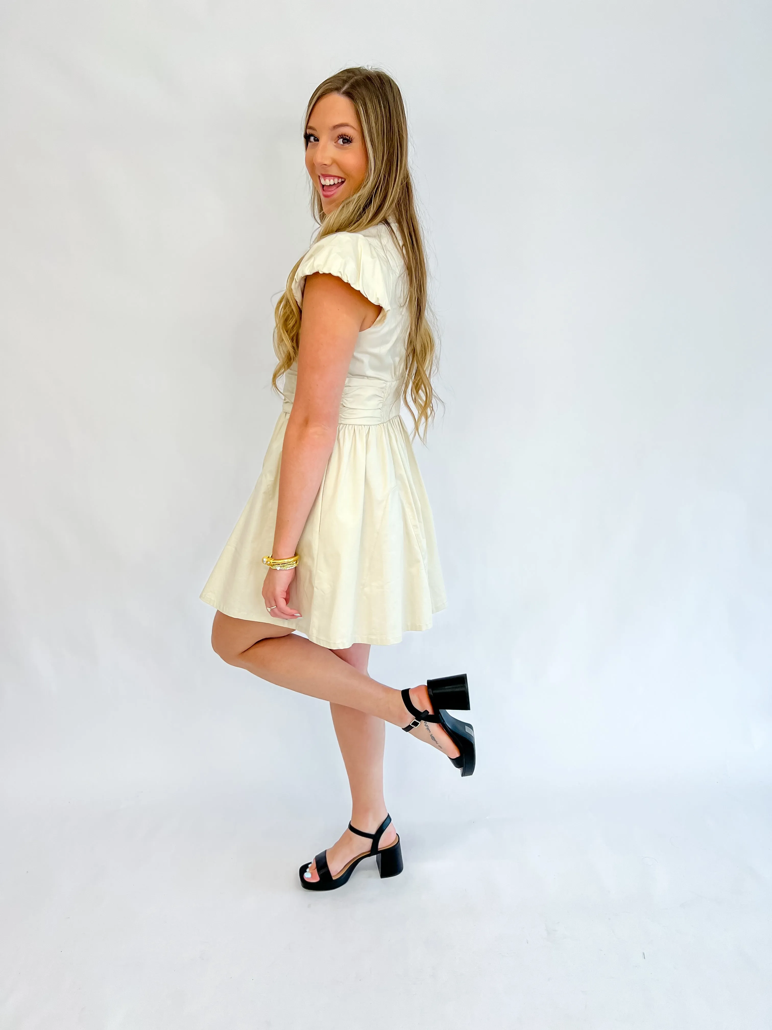 Button Up Buttercup Puff Sleeved Dress