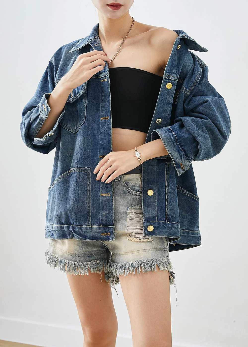 Casual Blue Oversized Patchwork Denim Coats Fall LY9273