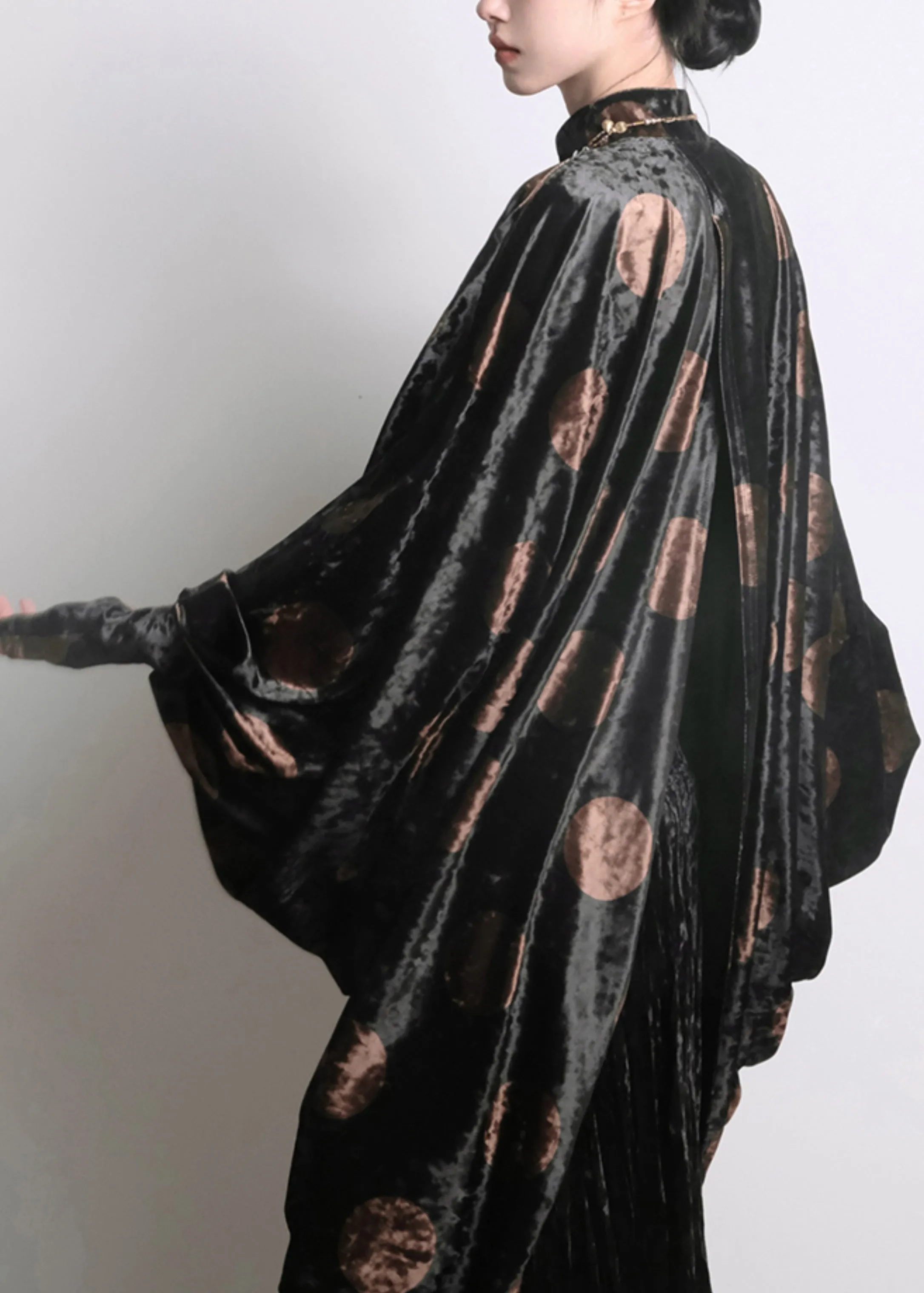 Chic Black Asymmetrical Print Silk Velour Shirts Batwing Sleeve QA1020