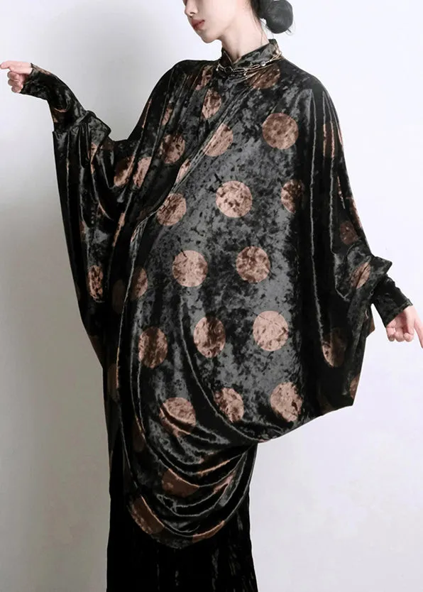 Chic Black Asymmetrical Print Silk Velour Shirts Batwing Sleeve QA1020