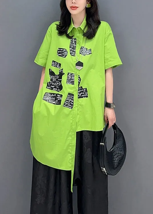 Classy Green Asymmetrical Print Button Shirts Short Sleeve LY4365