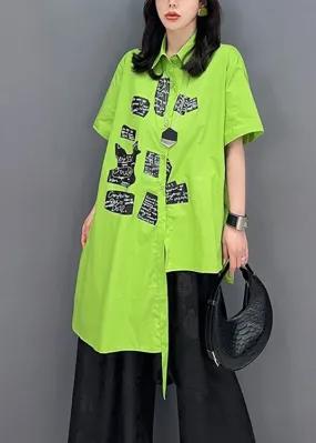 Classy Green Asymmetrical Print Button Shirts Short Sleeve LY4365