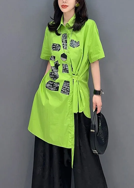 Classy Green Asymmetrical Print Button Shirts Short Sleeve LY4365