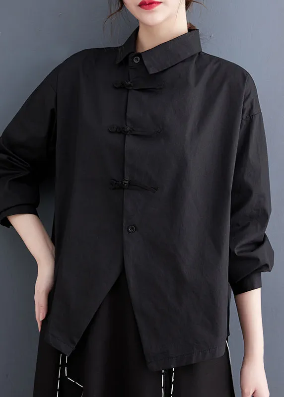 Diy Black Asymmetrical Design Chinese Button Cotton Shirts Spring LY2392