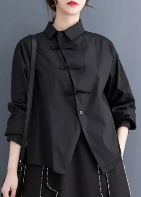 Diy Black Asymmetrical Design Chinese Button Cotton Shirts Spring LY2392