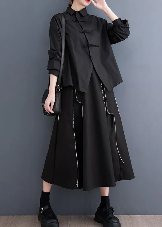 Diy Black Asymmetrical Design Chinese Button Cotton Shirts Spring LY2392