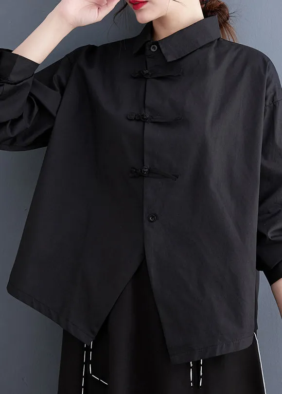 Diy Black Asymmetrical Design Chinese Button Cotton Shirts Spring LY2392