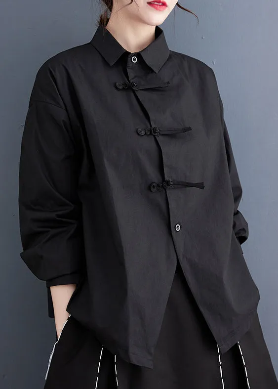 Diy Black Asymmetrical Design Chinese Button Cotton Shirts Spring LY2392