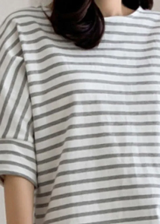 DIY Grey Striped O Neck Cotton T Shirt Tops Puff Sleeve LY2153