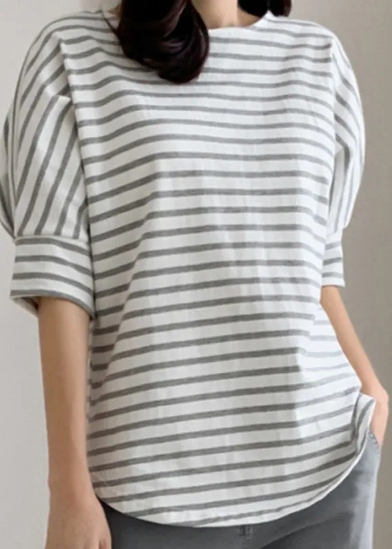 DIY Grey Striped O Neck Cotton T Shirt Tops Puff Sleeve LY2153