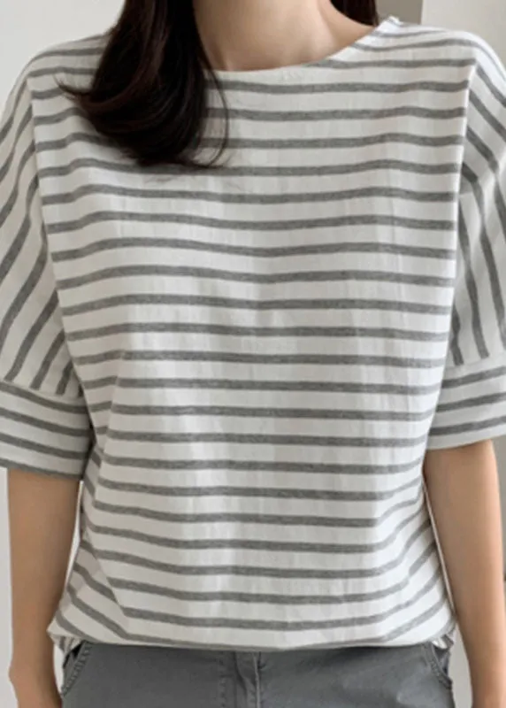 DIY Grey Striped O Neck Cotton T Shirt Tops Puff Sleeve LY2153