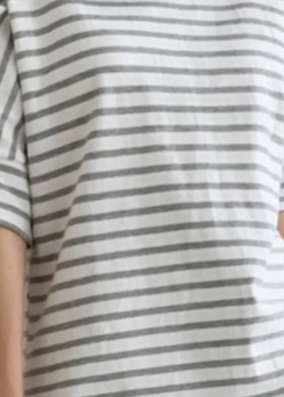 DIY Grey Striped O Neck Cotton T Shirt Tops Puff Sleeve LY2153