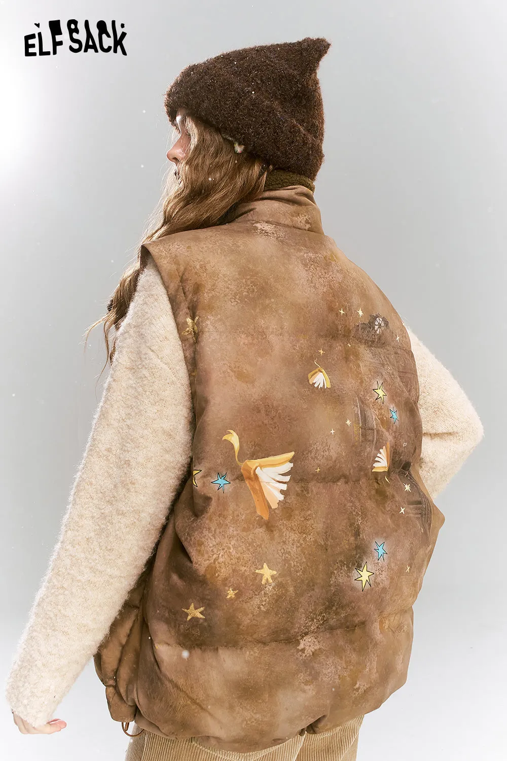 ELFSACK 2024 Winter New Arrivals Original printed retro loose coffee bear warm down vest