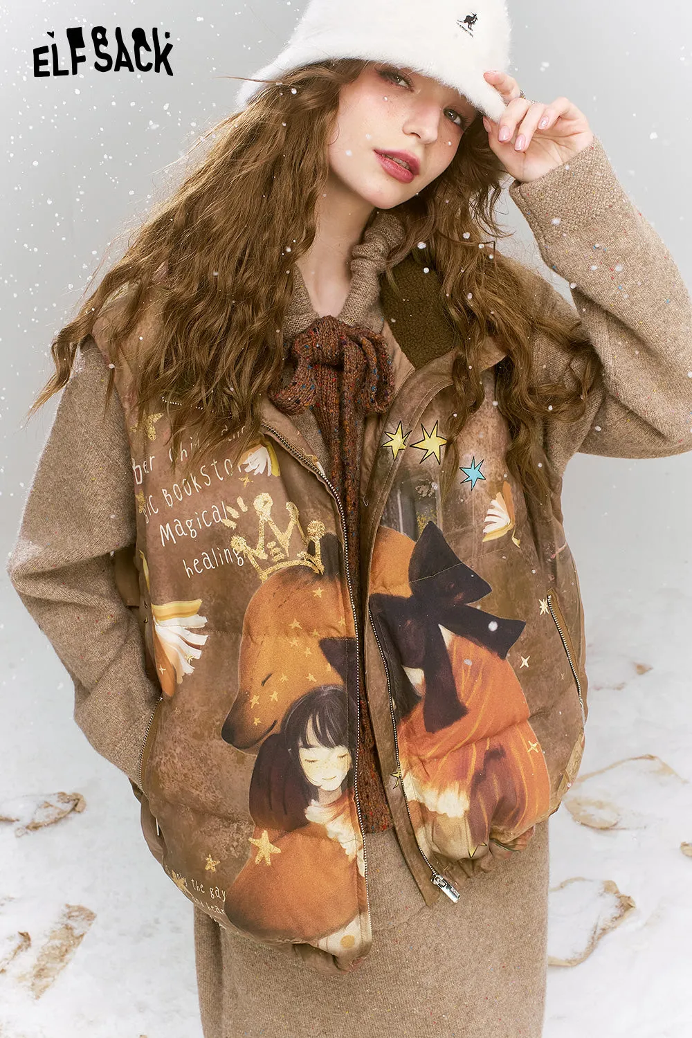 ELFSACK 2024 Winter New Arrivals Original printed retro loose coffee bear warm down vest