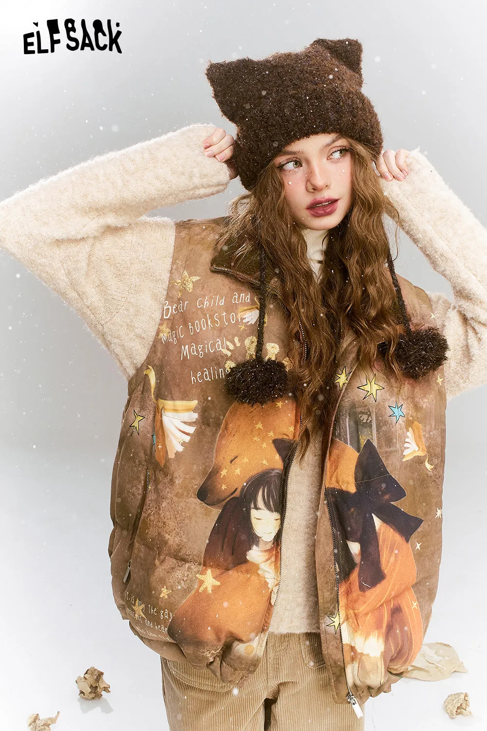 ELFSACK 2024 Winter New Arrivals Original printed retro loose coffee bear warm down vest