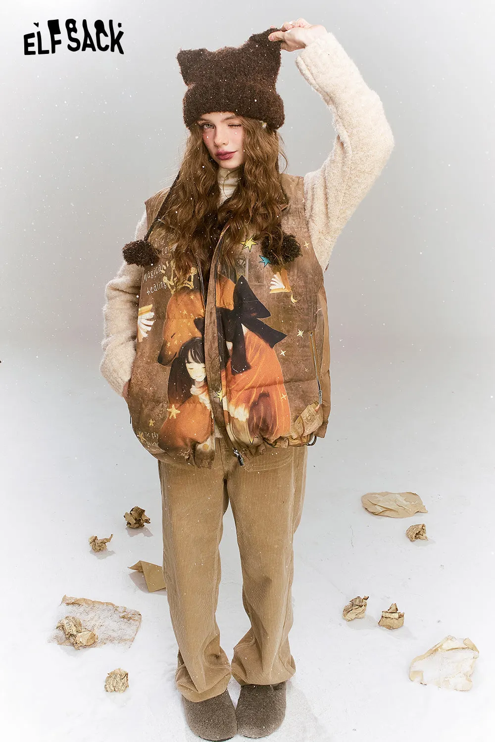 ELFSACK 2024 Winter New Arrivals Original printed retro loose coffee bear warm down vest