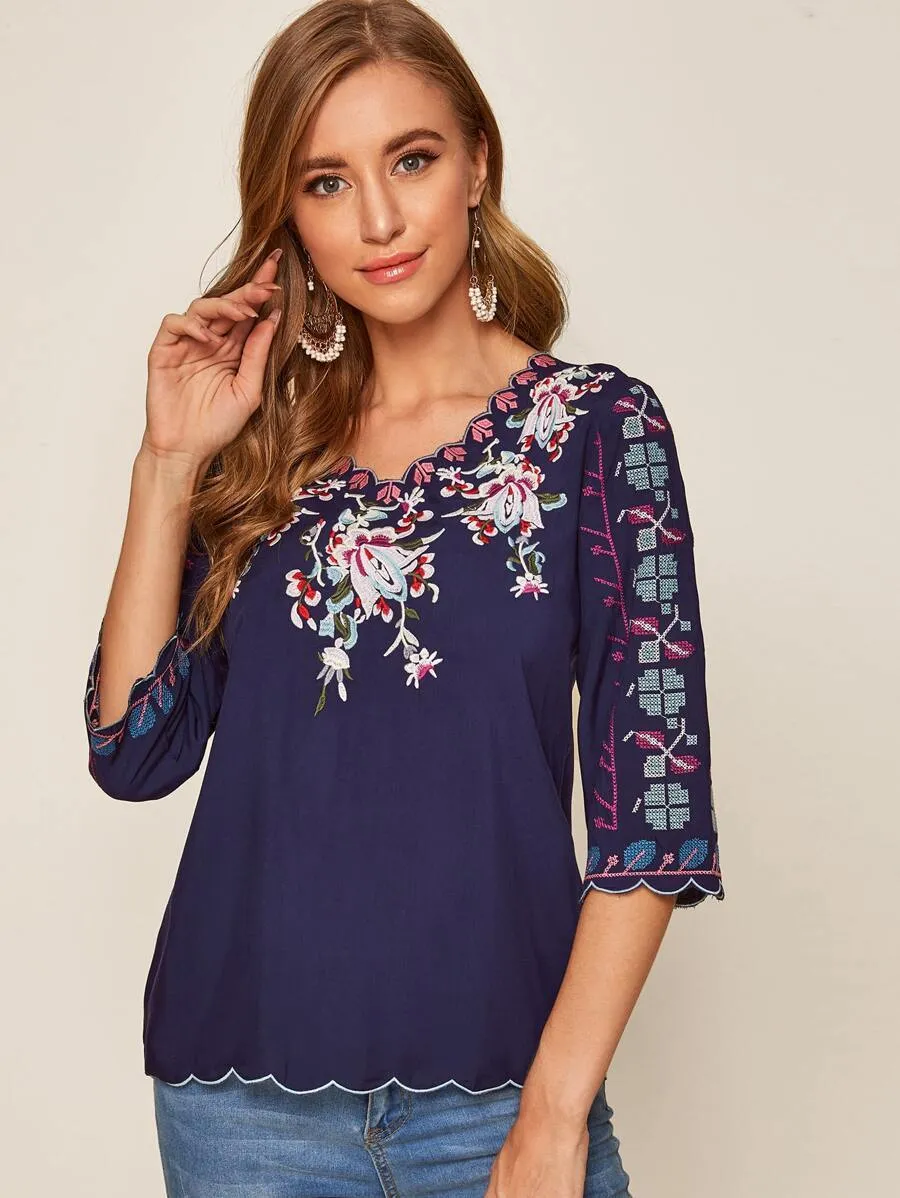 Floral Embroidery Scoop Trim Blouse