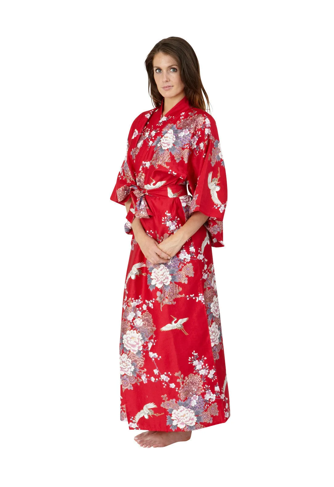 Flying Crane & Peony Long Cotton Kimono