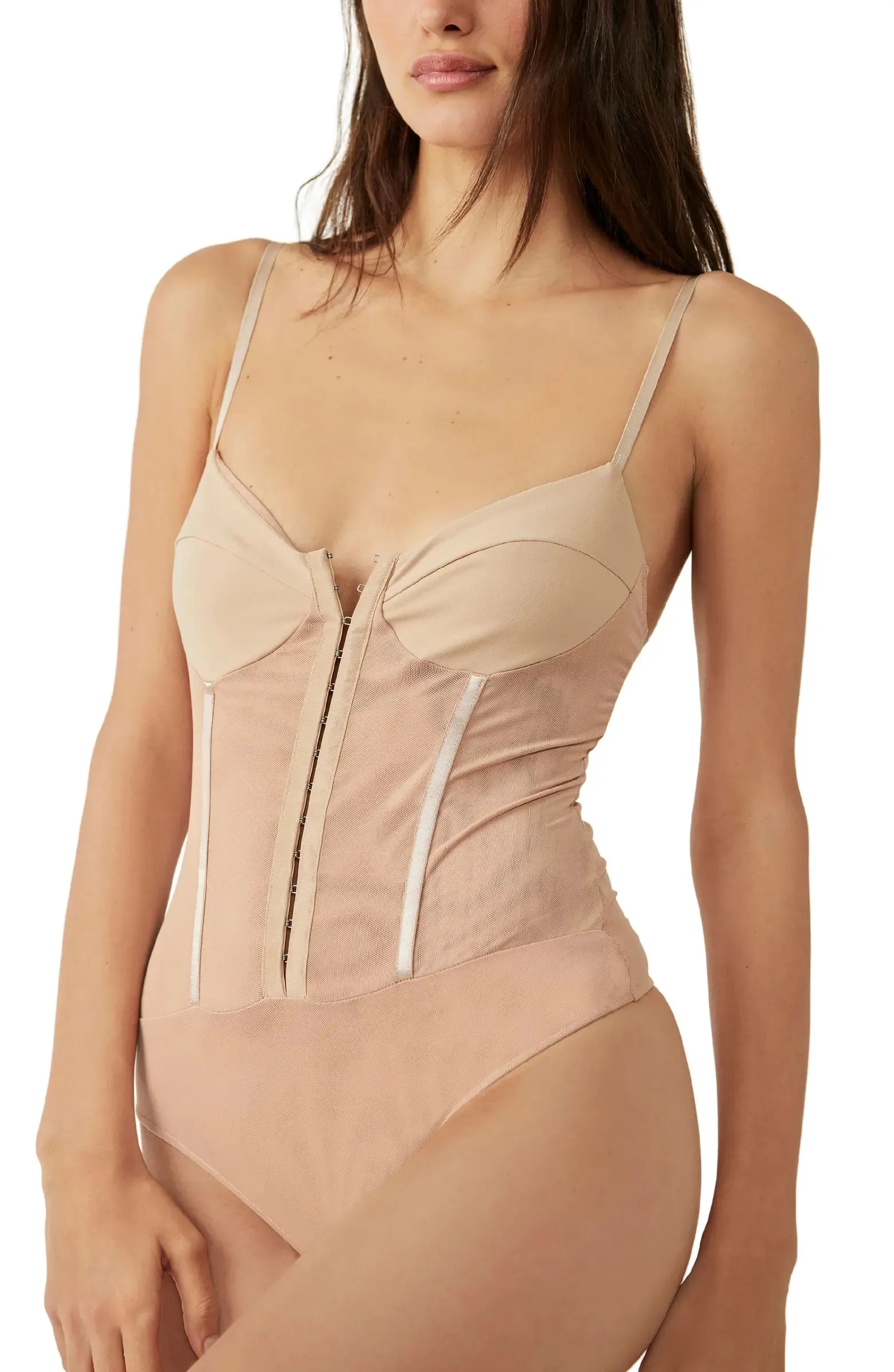 Free People Night Rhythm Corset Bodysuit in Pink Sand Dune